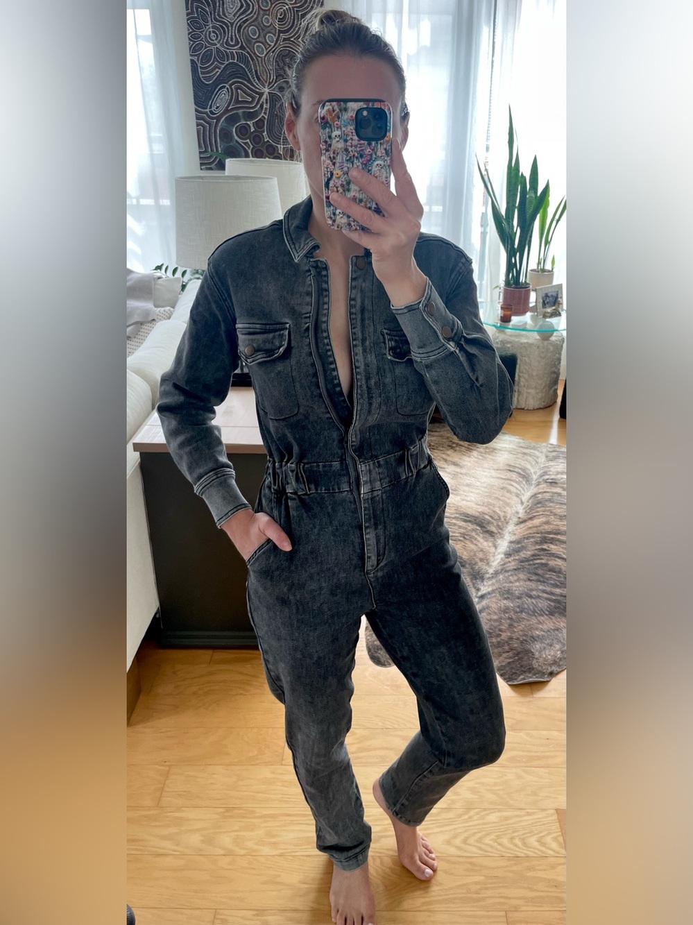 Black Washed Denim Jumpsuit S / 4